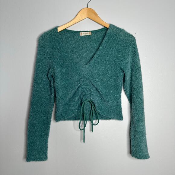 Altar'd‎ State Women’s Emerald Green V-Neck Ruched Fuzzy Crop Sweater Size S - Picture 1 of 6